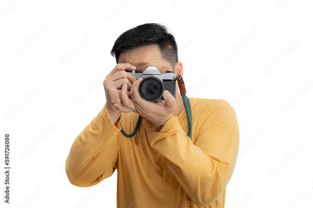 Handsome young man holding DSLR camera on white. Professional male photographer with digital camera shooting in white isolated photo studio. Handsome young man holding DSLR camera on white. Professional male photographer with digital camera shooting in white isolated photo studio.