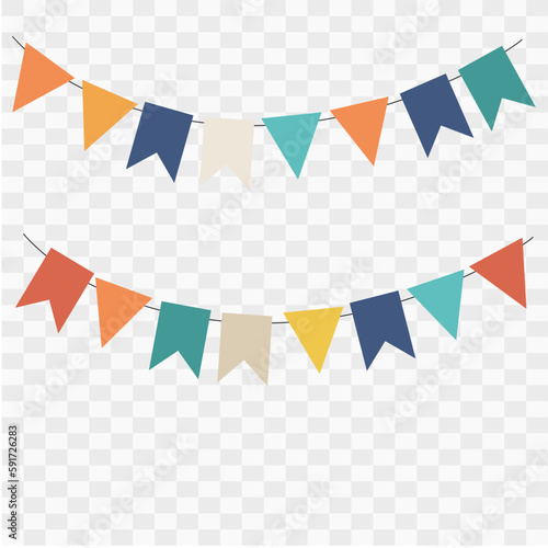 Colorful pennant bunting ribbon on transparent background. Happy carnival. Confetti festive colorful carnival illustration. Celebration background.