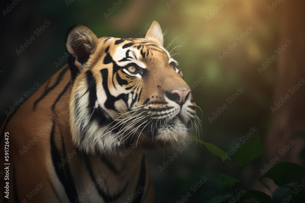Fototapeta premium a close up of a bengal tiger's face in a forest. Created with Generative AI Technology 