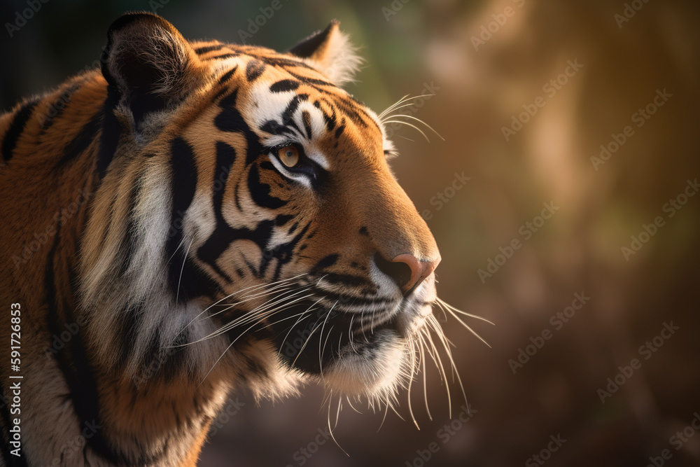a close up of a bengal tiger's face in a forest. Created with Generative AI Technology
a close up of a bengal tiger's face in a forest. Created with Generative AI Technology