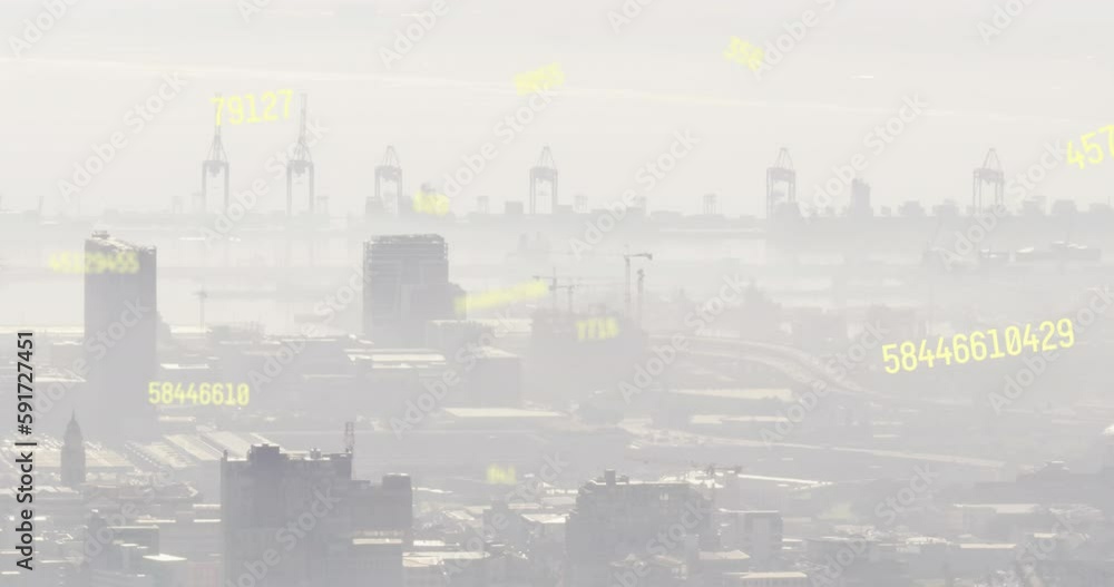 Animation of multiple changing numbers floating against aerial view of cityscape Animation of multiple changing numbers floating against aerial view of cityscape