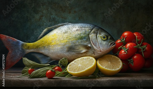 Tomato-lemon fish Generative AI photo