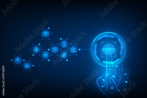 Vector pointing wireframe hand scan fingerprint cyber security internet banking concept. Technology abstract background.