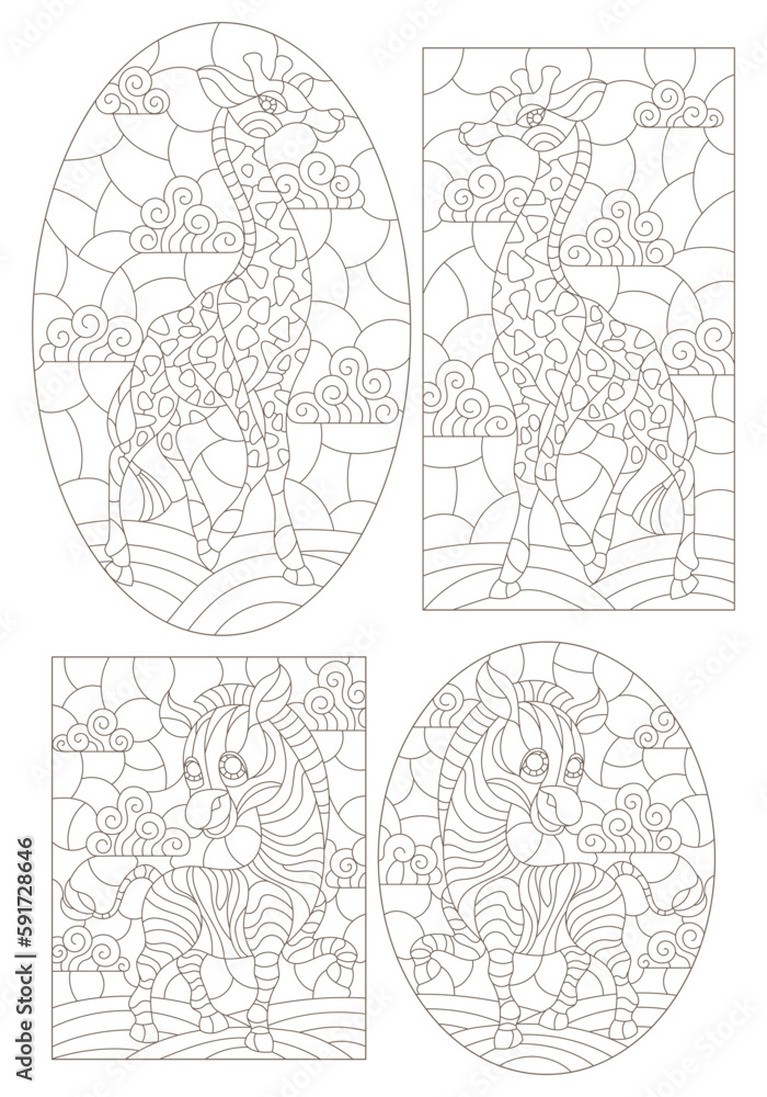 A set of contour illustrations in the style of stained glass with cartoon giraffe and zebra, dark contours on a white background