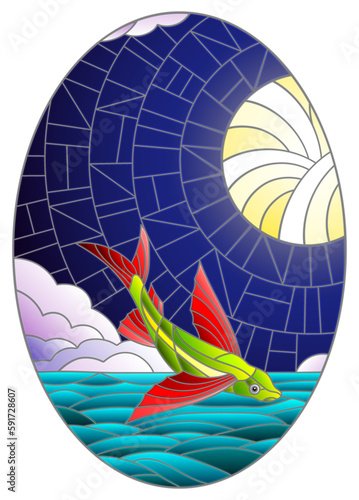 Illustration in stained glass style with a flying fish on the background of water ,cloud, night sky and moon