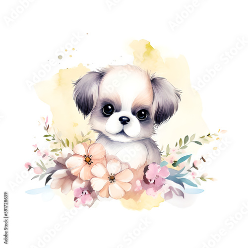 watercolor puppy with flowers