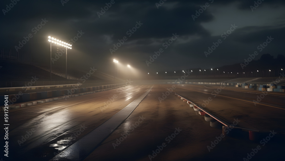 An empty race track with lights on it at night, Generative Ai