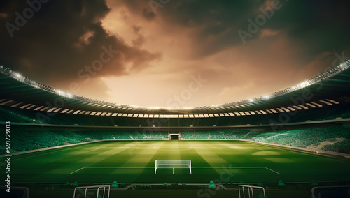 An elegant soccer stadium at dusk, in the style of dark emerald and light bronze, Generative Ai