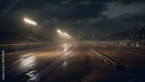 An empty race track with lights on it at night  Generative Ai