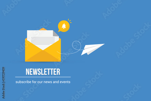 Newsletter. vector illustration of email marketing. subscription to newsletter, news, offers, promotions. a letter and envelope. subscribe, submit. send by mail.	