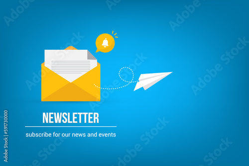 Newsletter. Illustration of email marketing. subscription to newsletter, news, offers, promotions. a letter and envelope. subscribe, submit. send by mail. 
