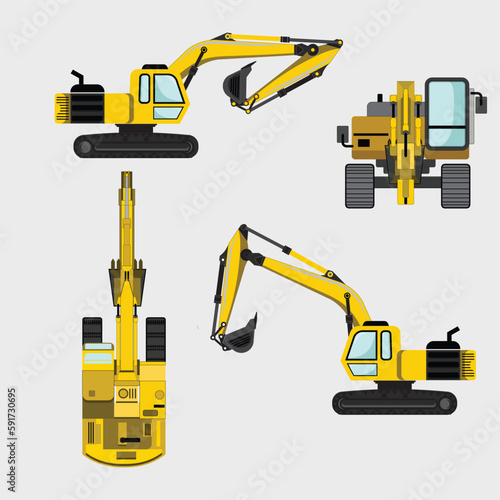 Excavator on white background. Top, side and front view. Hydraulic machine drawing. vectors
