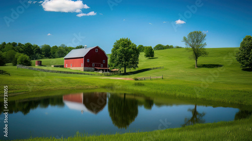 A peaceful countryside American farm with a red barn, rolling green hills, and a small pond reflecting the clear blue sky