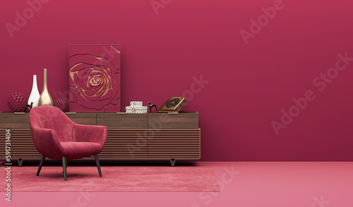 Viva magenta is a trend colour year 2023 in the living room. Interior of the room in plain monochrome viva magenta color with furnitures and chair, plant pot. 3d render	
