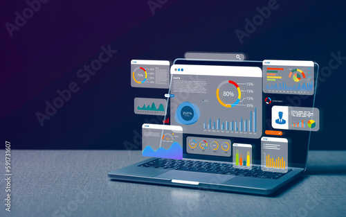 Computer laptop and dashboard for data business analysis and Data Management System with KPI and metrics connected to the database for technology finance, operations, sales, marketing