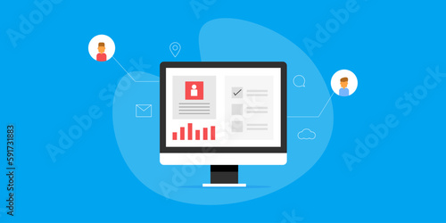 Customer data analytics on screen, business management software system CRM solution using company, automate workflow concept, web banner. 