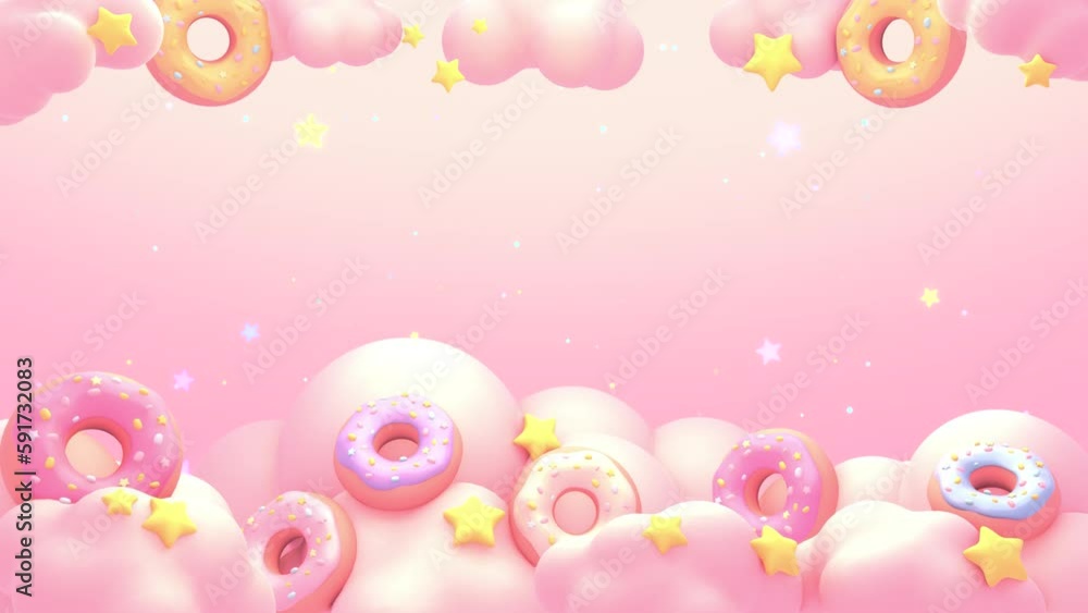 Looped sweet donuts and stars on pink clouds with space in the center for titles, text or logo animation. Looped sweet donuts and stars on pink clouds with space in the center for titles, text or logo animation.