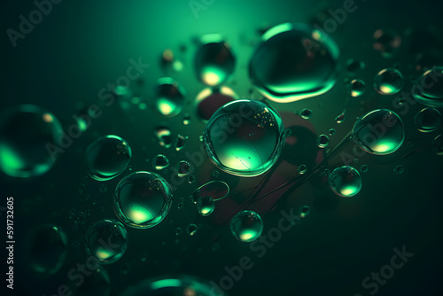 Close de um grupo de bolhas flutuando em um líquido azul escuro, Generative Ai