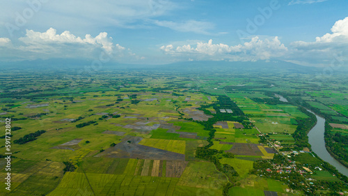 Aerial view of valley with river and farmland in the countryside. Hinigaran River. Negros, Philippines photo