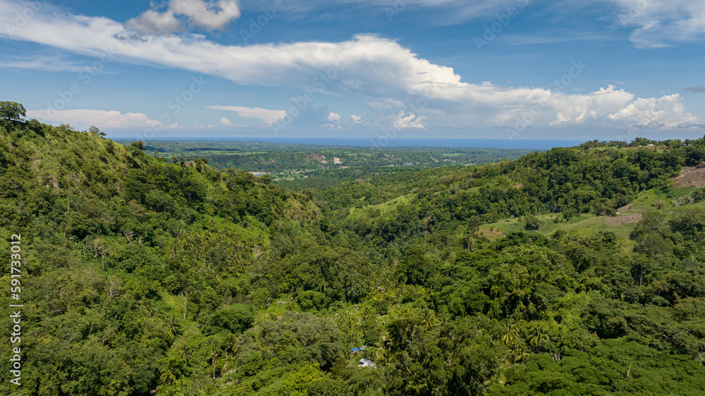 Mountains covered forest, trees and blue sky with clouds. Negros, Philippines