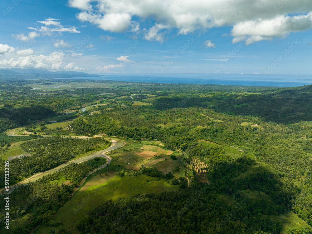 Aerial drone of rural area with agricultural land and rice fields in the tropics. Negros, Philippines