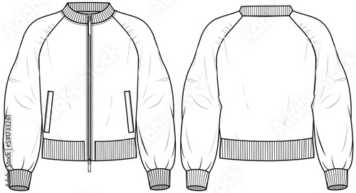 womens long sleeve bomber jacket flat sketch vector illustration front and back view technical cad drawing template