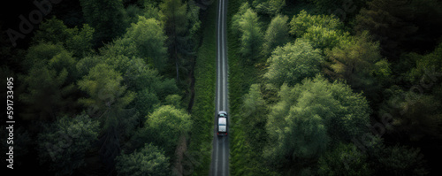 Explore the natural beauty of a green forest with a stunning drone photograph of a car driving on a winding road. Perfect for nature or travel-themed projects. AI Generative.