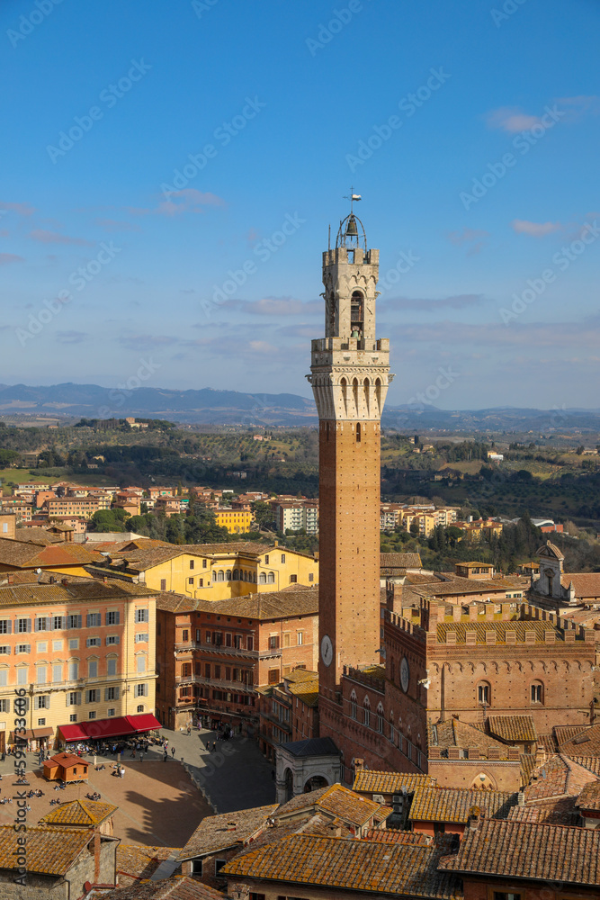 Tower called del Mangia in The Main Square of the City of Siena in Tuscany in Italy