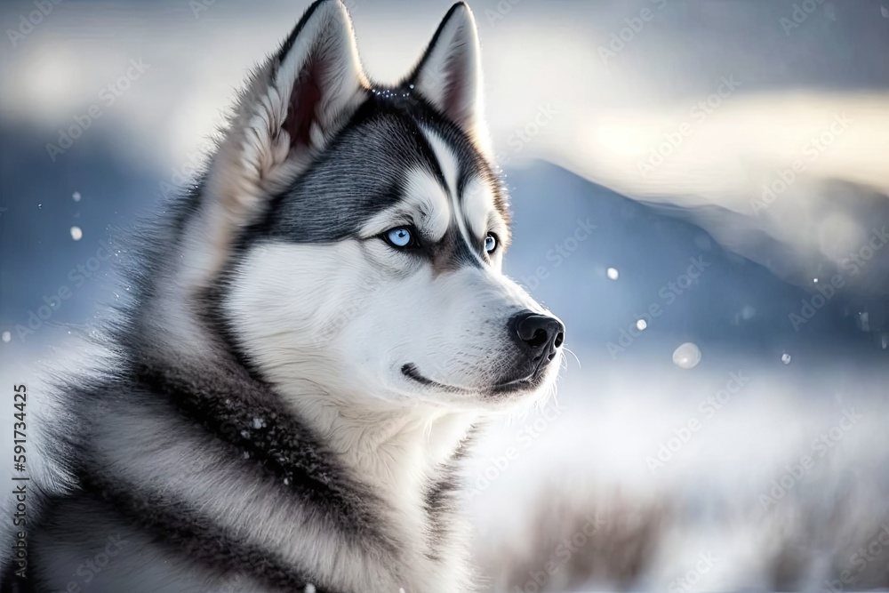 Husky Dog with Stunning Blue Eyes in Close-Up View. Generative AI