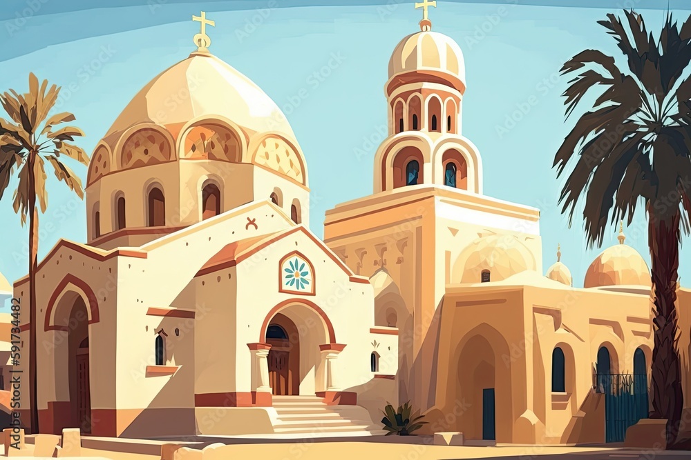  church with a palm tree in front of it, depicting a peaceful and tropical setting. Generative AI