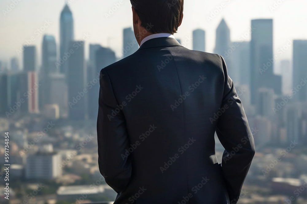 Businessman Standing on Building, Blurred City Background. Business concept