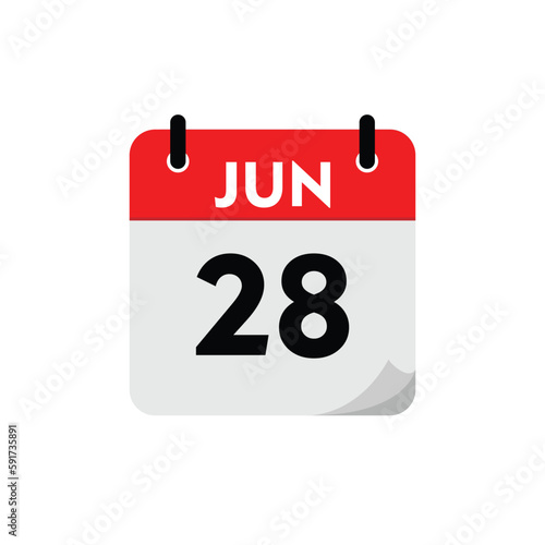icon isolated on white, calendar with a date, 28 june icon with yellow background