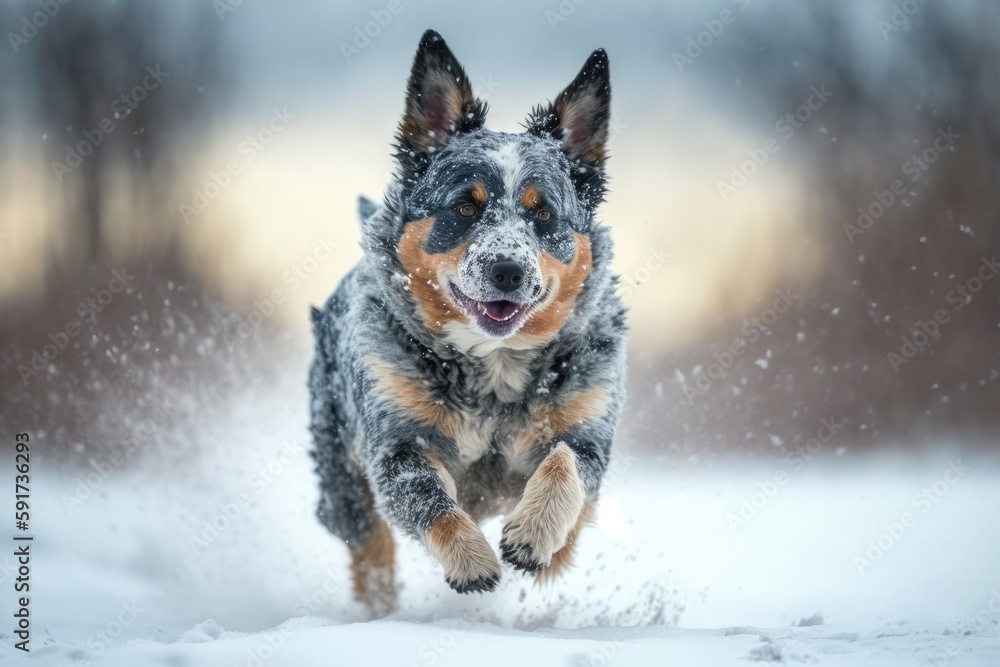 happy dog enjoying a winter run in a snowy forest. Generative AI happy dog enjoying a winter run in a snowy forest. Generative AI
