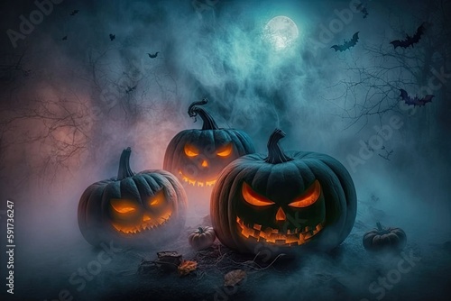 three spooky jack-o-lanterns in a misty Halloween night. Generative AI