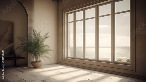 A room with a large window and a plant in the corner