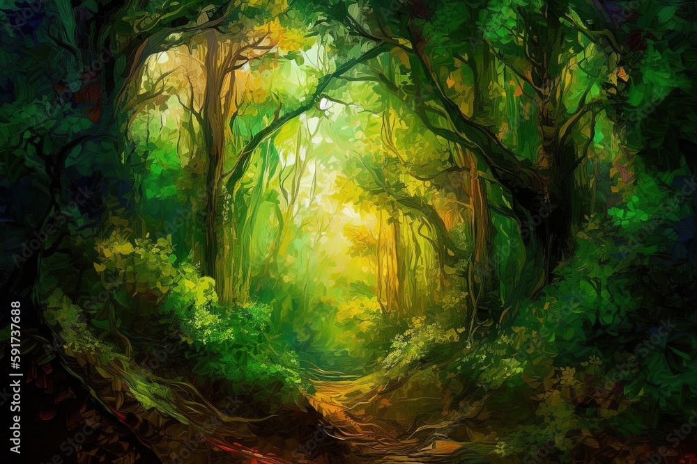 Fototapeta premium Mystical Metaphysical Style Lush Forest Painting