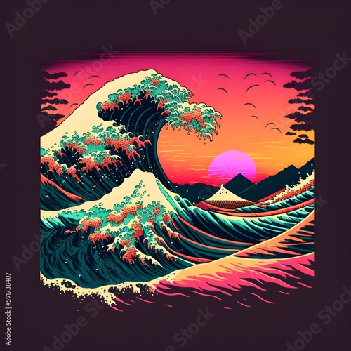 Papier peint the great wave off kanagawa vaporwave synthwave retrowave 80s retro graphic desi