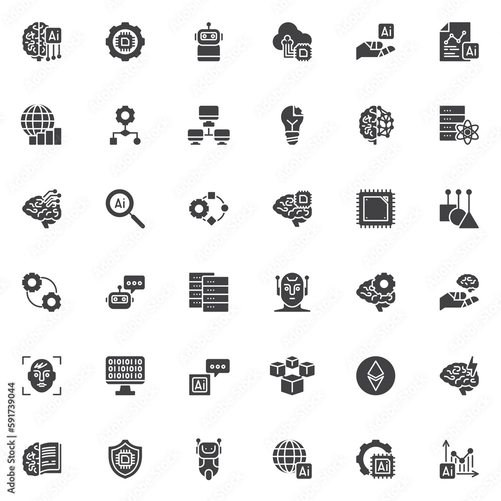 Artificial Intelligence and Data Analytics vector icons set Artificial Intelligence and Data Analytics vector icons set