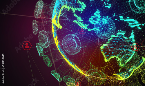 Glowing Omicron made of neon particles. Bright magic spread mutation globe world map concept abstract style of colorful dots