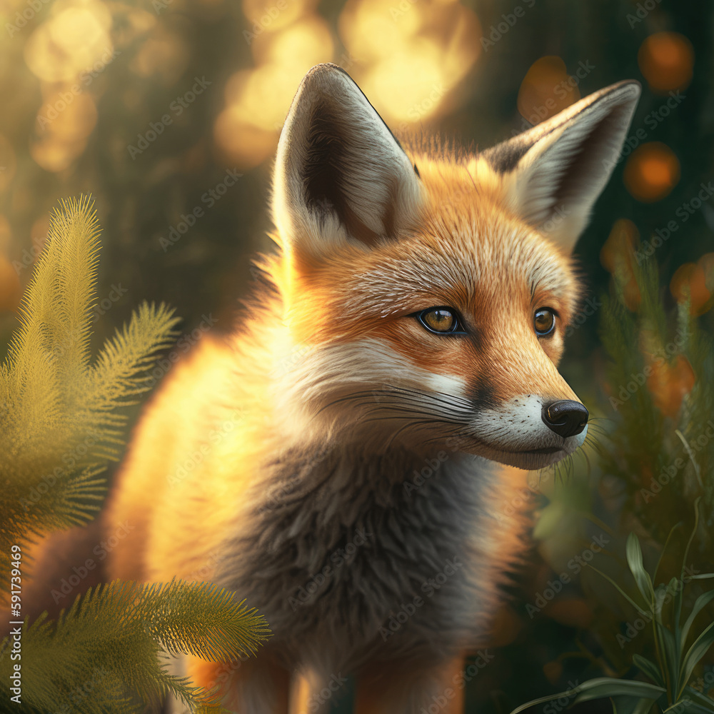 Close-up of red fox, blurry forest background, Generative AI Close-up of red fox, blurry forest background, Generative AI