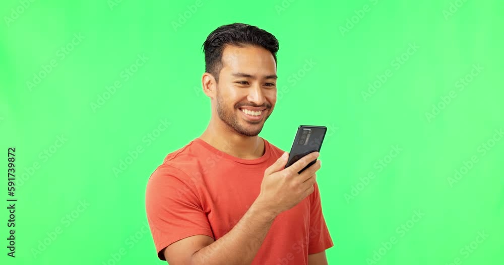 Happy, browsing and phone with asian man on green screen for social media, technology or website. Internet, app and online news with male on studio background for search, mobile or chatting Happy, browsing and phone with asian man on green screen for social media, technology or website. Internet, app and online news with male on studio background for search, mobile or chatting