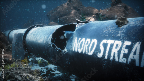 3D render illustration of the explosion of the Nord Stream 2 gas pipeline under the water of the Baltic Sea. Damaged pipe. photo