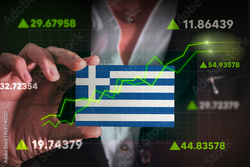 Graph growing up in Front Of Greece Flag. business state growing up concept. 