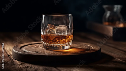 closeup of a deliciously refreshing whiskey drink  while on a dark background  wooden surface  - Generative AI 