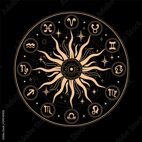 Golden round astrological calendar with zodiac signs