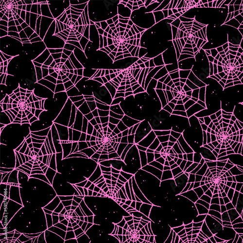 Seamless pattern of pink stylized cobwebs on a black background