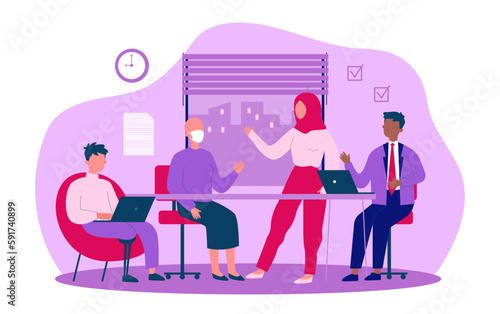 Diverse group of coworkers vector illustration. African American, Muslim office workers and workers with disability having meeting in office. Diversity, teamwork, inclusion, business concept