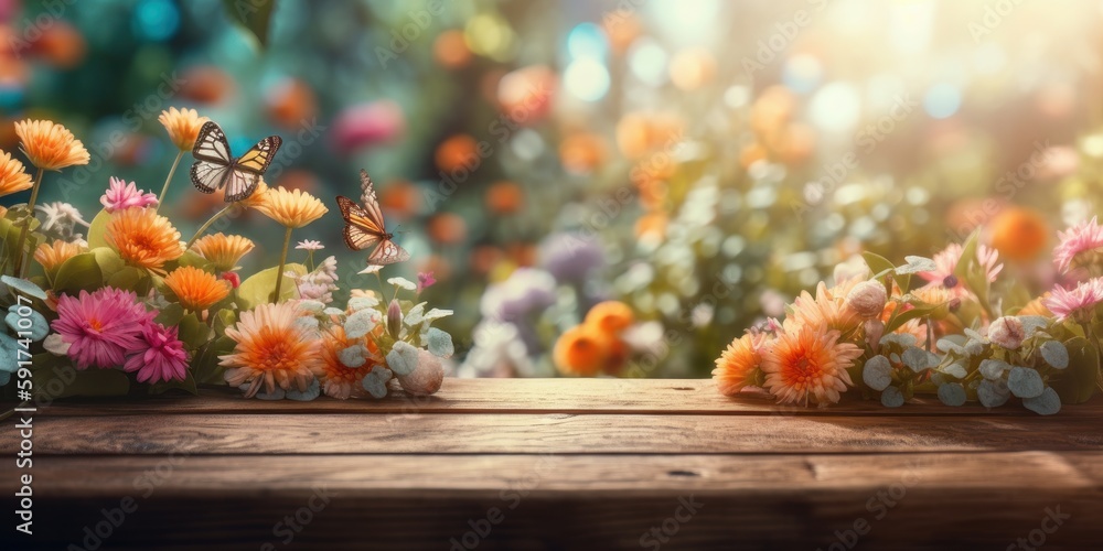 Empty wooden table with spring flower and butterfly background, Free space for product display. Generative Ai Empty wooden table with spring flower and butterfly background, Free space for product display. Generative Ai