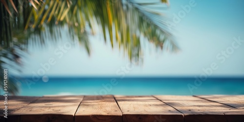 Empty wooden table with tropical beach of summer background  Free space for product display. Generative Ai