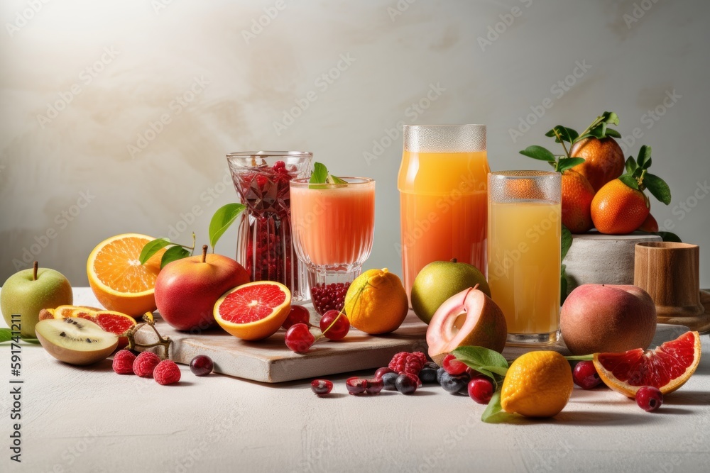 Fresh fruits juice on amazing light background, Healthy beverage rich in vitamins. Created Generative Ai Fresh fruits juice on amazing light background, Healthy beverage rich in vitamins. Created Generative Ai